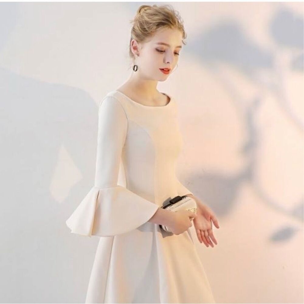 Metisu Women's Bell Sleeve Boat Neck Lined Satin Sheath Dress Cream Size Medium